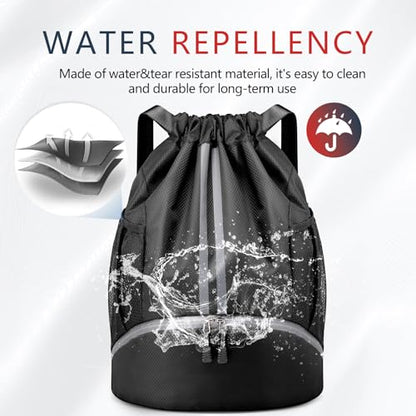 PinCute Drawstring Backpack for Women Men, Gym Bag for Soccer, Basketball, Swim, Beach, Water-Resistant Sports Backpack with Wet Pocket and Shoe Compartment, Black - color: Black
