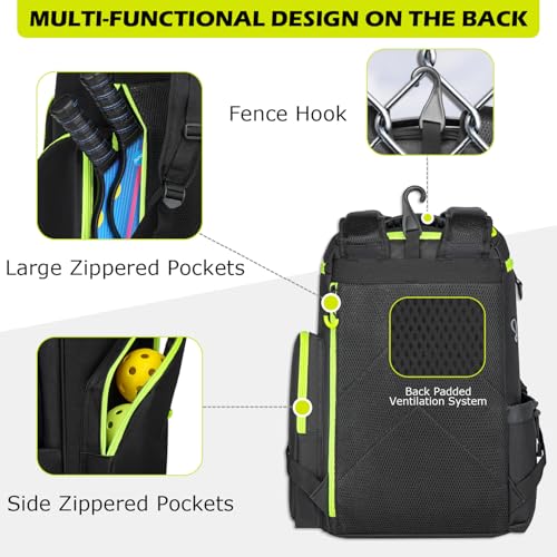 HAMBOLY Premium Pickleball Bag for Men & Women — Large Pickleball Backpack with Padded Paddle Pocket & Shoe Compartment, Tournament Ready with Insulated Cooler & Fence Hook - color: Black + Green