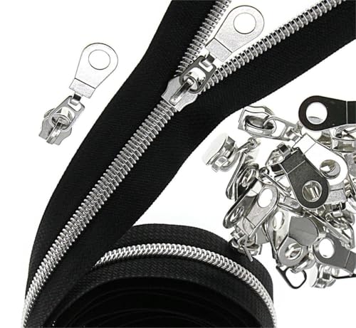 #5 Silver Metallic Nylon Coil Zippers by The Yard, Black Tape Bulk 10 Yards with 25PCS Silver Sliders Pulls for Sewing Crafts Bags YIGUANXIN - color: Black-Silver