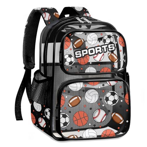 Clear Backpack for Boys and Girls,Kids Clear Backpacks for School,Heavy Duty Transparent Bookbag Stadium Approved - color: Black-multi Ball-backpack Only