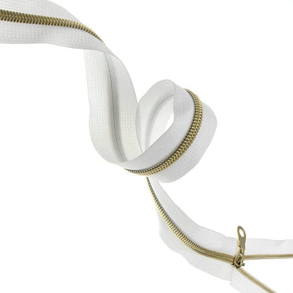 #5 Gold Metallic Nylon Coil Zipper by The Yard, Bulk 10 Yards White Tape with 25PCS Rose Gold Zippers Pulls for Sewing, Bags, Purses YIGUANXIN - color: White-Gold