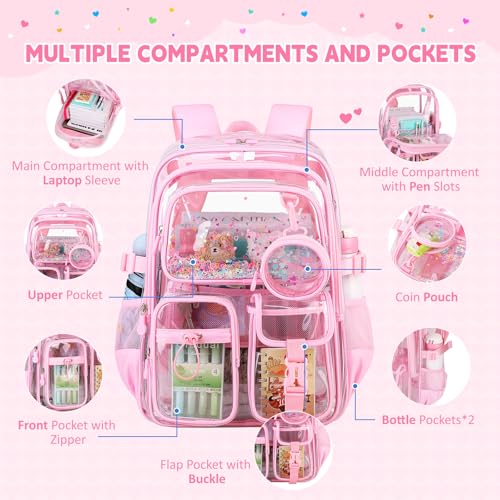 Clear Backpack for Girls School Clear Bookbag Stadium Events Heavy Duty Transparent Back Pack, Pink - color: Pink