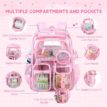 Clear Backpack for Girls School Clear Bookbag Stadium Events Heavy Duty Transparent Back Pack, Pink - color: Pink