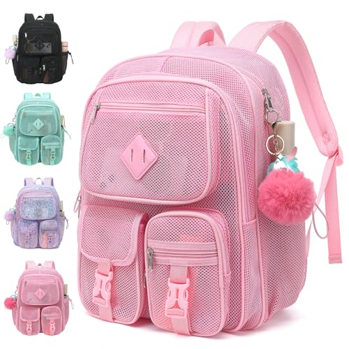 Mesh Backpack for Girls Boys, Heavy Duty Semi-Transparent Mesh Bookbag, Unisex, Pink, Large, Daypack Backpack, 21L, School, Sports, Beach, Travel - color: Pink