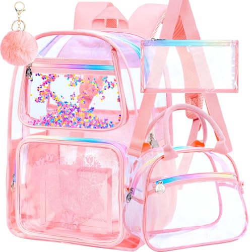 gxtvo 3PCS Clear Backpack, Women’s Sequins Transparent Bookbag Set, Cute Heavy Duty See-Through School Bag for Teens and Elementary Students – Flower Pink Love - color: Flower Pink Love Clear Backpack Set