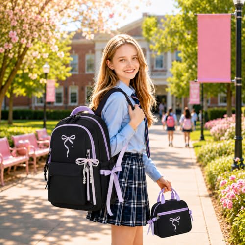 Kids Backpack for Girls - 3PCS Cute Embroidered Bow Girls Backpack with Insulated Lunch Bag & Pencil Case - Bookbag for Teen Women Middle High School College Work Travel Daypack - color: Black Purple