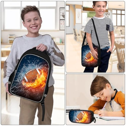 School Backpack for Boys - 4pcs Ameriacn Football Boys Backpack with Lunch Box and Pencil Case for Kids Children Teens Elementary Middle School - Students Bag for Ages 6-18,17″Bookbag Travel Back Pack - color: American Football-02-backpack Set