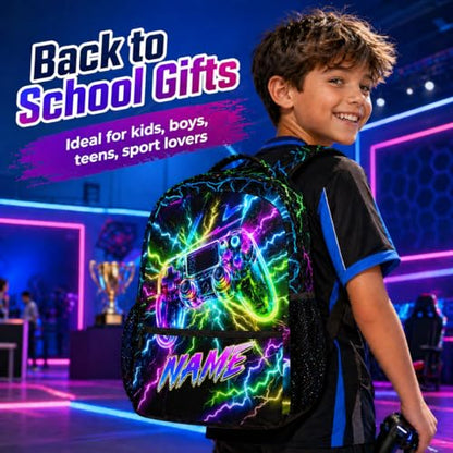 Gamer Backpack for Boys Kids Teens, Custom Gaming Bookbag with Name - 17 Inch Personalized Video Game Backpacks for Middle School - color: Colorful