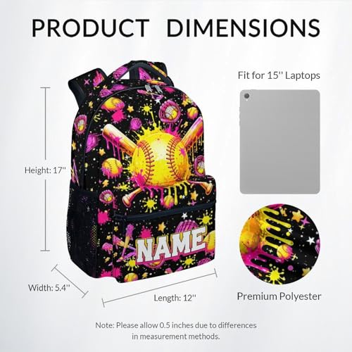 Softball Backpack for Girls, Personalized Kids Bookbag with Name - 17" Water-Resistant Sports School Bag for Elementary Kindergarten - color: Yellow