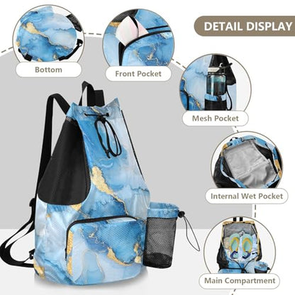 Women Mens Drawstring Backpack Camp Bag With Water Bottle Holder String Swim Bag Dry Wet Separation Marble Blue White - color: Color 14