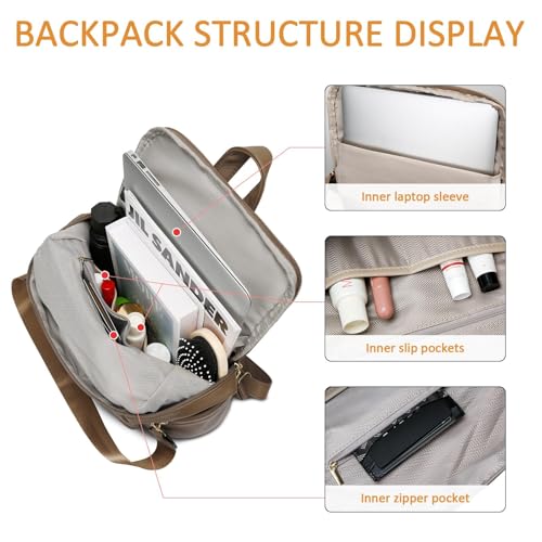 KKXIU Backpack Purse for Women - Multi-pocket Leather backpack for Travel, Work & School with Anti-Theft Lock Pocket, Luggage Strap & Water Bottle Pockets - 13x14x5.2 Inch, 1.67lb (Khaki) - color: Khaki