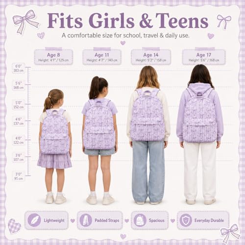 LEDAOU Backpack for Girls School Bag Kids Bookbag Teen Backpack Set Daypack with Lunch Bag and Pencil Case | Kids - color: A-bow Tie Purple
