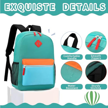 Backpack Set for Girls Boy Kids Backpack with Lunch Box for Elementary Primary Kindergarten School Bag (Lake Green Blue Set, Large) - color: Lake Green Blue