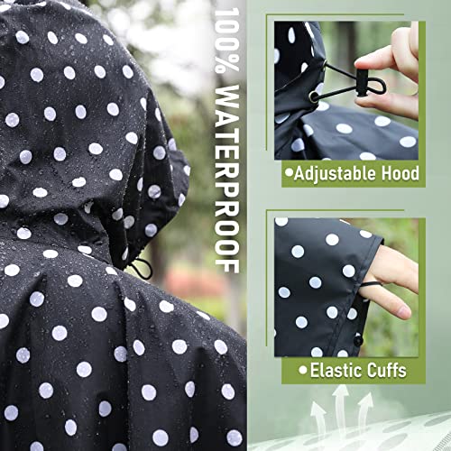 SaphiRose Unisex Rain Poncho Waterproof Raincoat Hooded for Adults Women with Pockets - color: Black Point