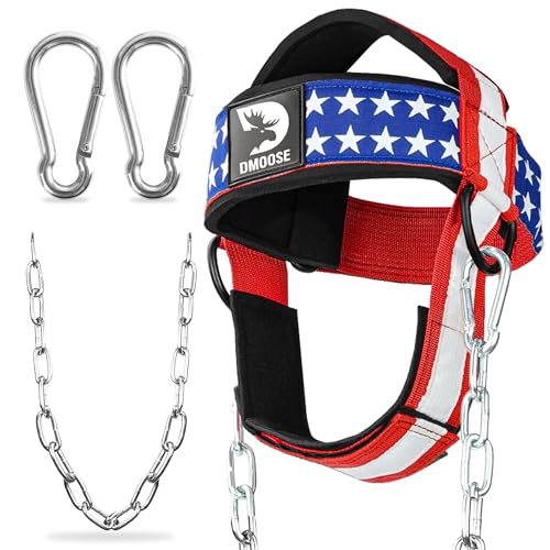DMoose Fitness Neck Harness for Weight Lifting - Soft Padded Head & Chin Strap with 30" Heavy Duty Steel Chain - Neck Exerciser, Trainer & Strengthener to Support Injury Recovery and Intense Workouts - color: American