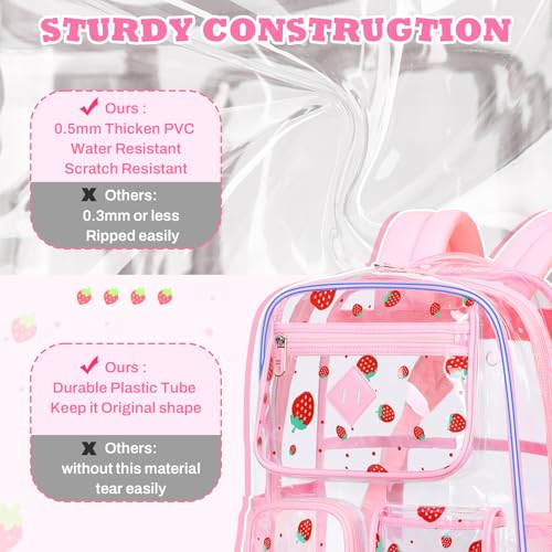 PIG PIG GIRL Clear Backpack for School,Heavy Duty PVC Transparent Bookbag for Girls Stadium Approved See Through Backpack - color: Pink Strawberry