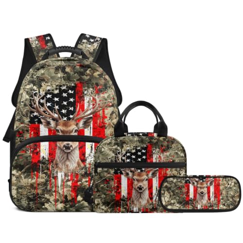 Backpack for Boys Girls Teens, 3 in 1 Lightweight American Flag Deer School Backpack with Lunch Box Pencil Case for Kids, 3Pcs School Bag - color: American Flag Deer