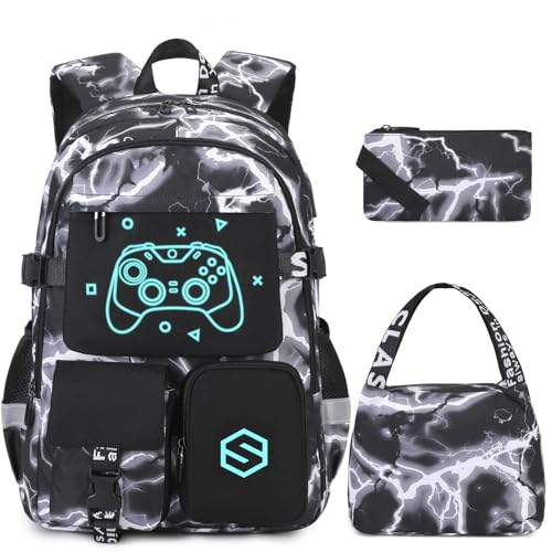 Scothen Boys Backpack, Cool Luminous School Backpack with Lunch Bag Pencil Case, Kids Backpack Kindergarten Elementary Middle School Book Bags for Teen Boys Children with USB Charging Port - color: Black Lightning