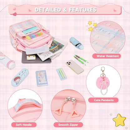 MUSEVOS Girls Backpack with Lunch Bag, Kindergarten Elementary Middle School Backpack, Multiple Compartments Large Capacity Kids Bookbag 3 Pcs Set(Pink) - color: Pink-3pcs Set