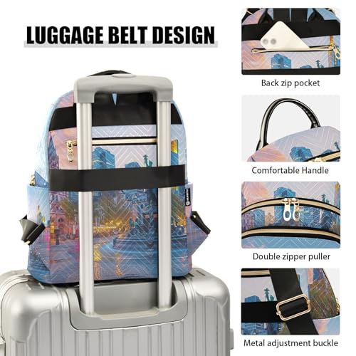 YETTASBIN Fashion Quilted Mini Backpack for Women & Girls - City Scenery Lightweight Casual Travel Daypack, S(8.5L) - size: Small