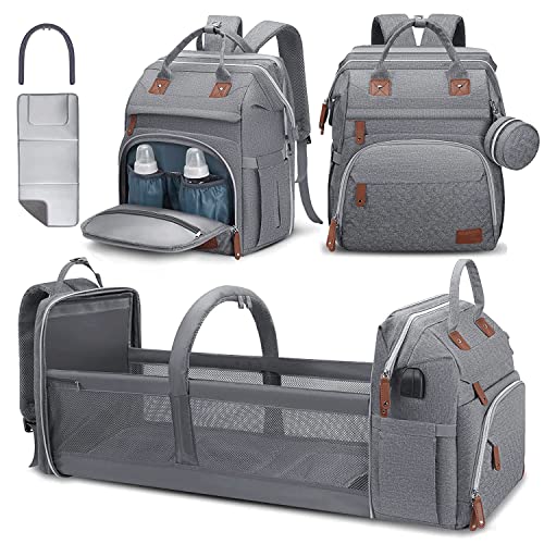DERJUNSTAR Diaper Bag Backpack – Large Capacity Baby Diaper Bag with Changing Pad, Waterproof Travel Backpack for Boys & Girls, Multi-Function Baby Bag with USB Charging Port, Grey - color: Light Grey