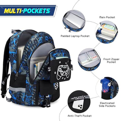Scothen Boys Backpack, Cool Luminous Gamer School Backpacks for Boys with 14oz Insulated Water Bottle Lunch Bag Pencil Case, Kids Backpack Book Bags for Kindergarten Elementary Middle School - color: Blue