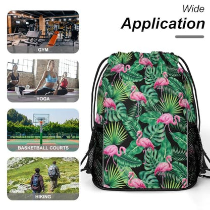 Tropical Flamingos Drawstring Backpack Gym Bag With Shoe Compartment String Bag Sport Beach Swimming Sackpack For Women Men - color: Tropical Flamingos