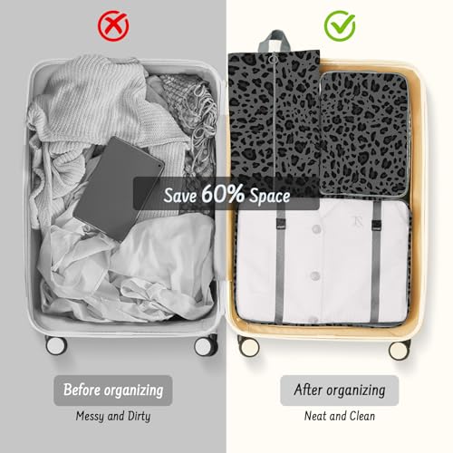 9 Set Packing Cubes for Travel Essentials - Lightweight Carry-On Luggage Organizer Bags with Shoe, Clothes & Laundry Bags for Airplane, Family & Business Travel, Gray leopard print - color: Gray leopard print