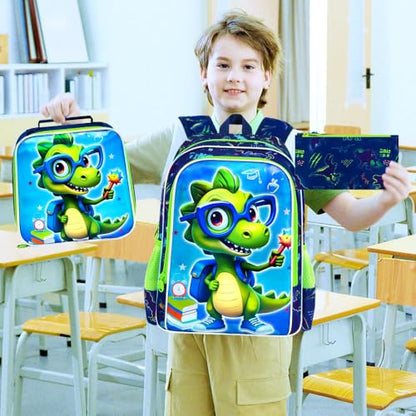16" Dinosaur Backpack for Boys, 3Pcs Bookbag with Lunch Box, Kids School Backpacks Set for Elementary Preschool Kindergarten (Green) - color: Dinosaur Blue
