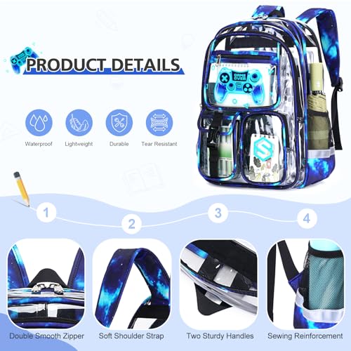 DIGOBAY 3PCS Cool Luminous Clear Backpack for Boys Kids, Gamer Clear Bookbag for School, See Through PVC Transparent Backpacks with Lunch Bag Pencil Case, Backpack Heavy Duty for School Stadium - color: Blue Galaxy