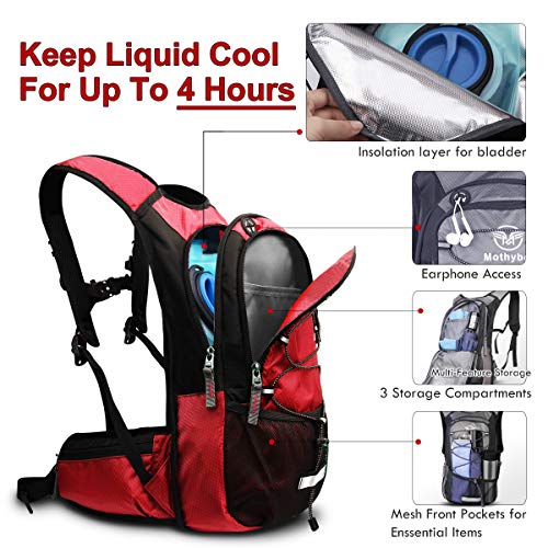 Mothybot Hydration Pack, Insulated Hydration Backpack with 2L BPA Free Water Bladder and Storage, Hiking Backpack for Men, Women, Kids for Running, Cycling, Camping - Keep Liquid Cool up to 5 Hours - color: Red