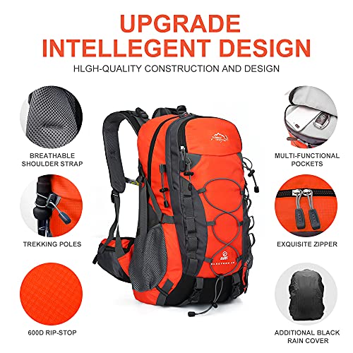 INOXTO lightweight Hiking Backpack 35L/40L Hiking Daypack with Waterproof Rain Cover for Travel Camping Outdoor Men and Women - color: 40l Orange