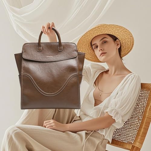Retro Brown Leather Square Flap School Commuter Backpack Handbag for Women