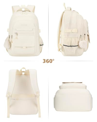 Girls School Backpack Set with Lunch Box, Teens Bookbag for Highschool Elementary Middle School Cute Back Pack, Beige-3 packs - color: Beige-3 Pcs, size: 15.6in