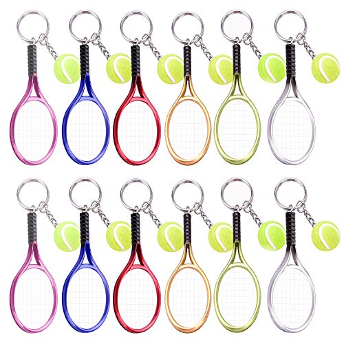 Tennis Keychain, Mini Racket & Ball Alloy Key Ring, Cute Backpack Ornament, Sport Team Gift for Men Women, 6 Colors - color: 12 Pack