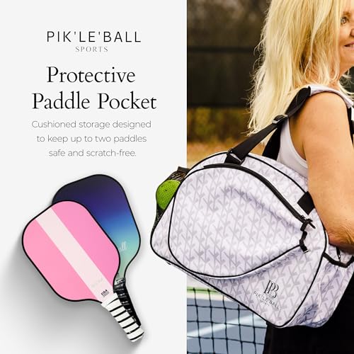 Pik’le’Ball Sport Premium Women's Pickleball Bag – Stylish and Versatile Sports Bag with Water Bottle Holder, Padded Paddle Pocket, and Spacious Design (fits 2+ Paddles!) - color: Court Couture White