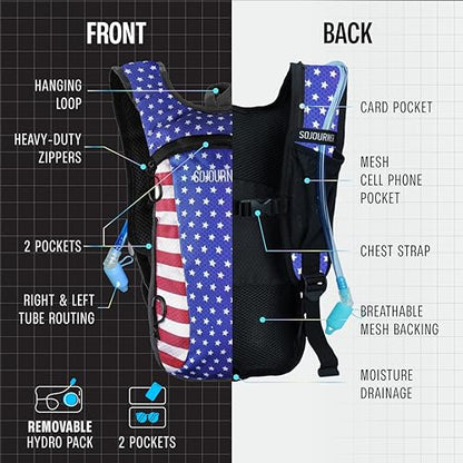 Sojourner Rave Hydration Pack - Hydration Backpack - Hydropack with 2L Bladder - Water Backpack for Festivals, Hiking, Running, Biking and More - color: USA