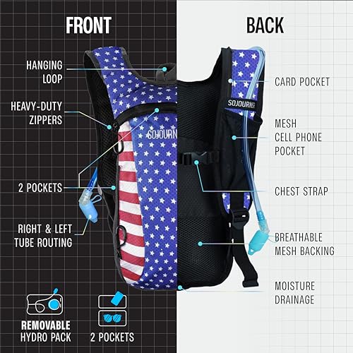 Sojourner Rave Hydration Pack - Hydration Backpack - Hydropack with 2L Bladder - Water Backpack for Festivals, Hiking, Running, Biking and More - color: USA