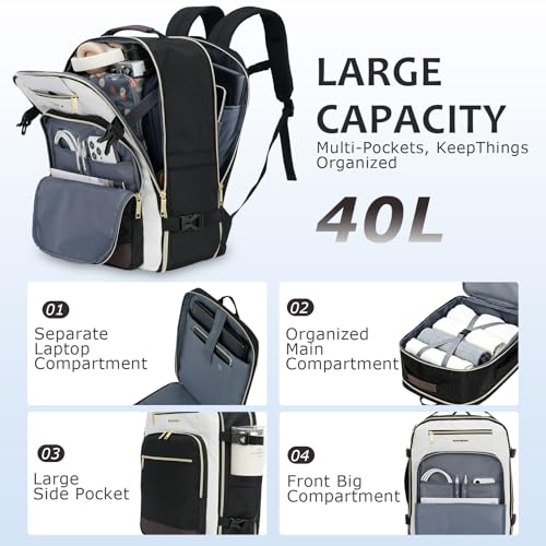 EMPSIGN 40L Travel Backpack for Women & Men, Airline Approved Carry On Backpack, TSA Personal Item Bag Waterproof, Overnight Weekender Essentials Backpacks for Business fits 17" Laptop, Black-Coffee - color: Beige/Black/Coffee