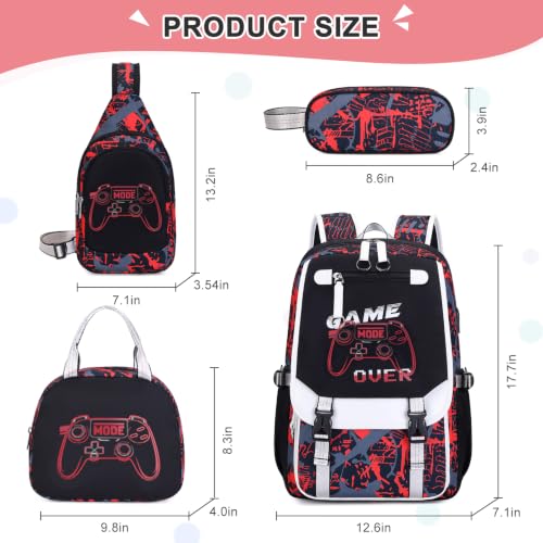 Bevalsa Backpack for Boys, Cool Luminous Boys Backpack with Sling Bag, Lunch Box & Pen Case, School Bags for Kids Children Teens Elementary Middle Schools, Bookbag Glow In The Dark (Red Game) - color: Red Game