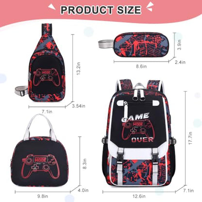 Bevalsa Backpack for Boys, Cool Luminous Boys Backpack with Sling Bag, Lunch Box & Pen Case, School Bags for Kids Children Teens Elementary Middle Schools, Bookbag Glow In The Dark (Red Game) - color: Red Game