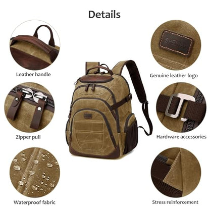 Travel Laptop Backpack 17.3 inch XL Computer Backpack for Men Waxed Canvas College Daypack Business Backpack Brown - color: Brown