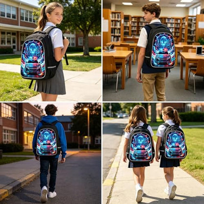 Police Car Kids Backpack, Future Starry Sky Spaceship with Lightning School Bag with Reflective Safety Design, Durable Bookbag for Boys Elementary School Daily Carry, 17 Inch - color: Police Car