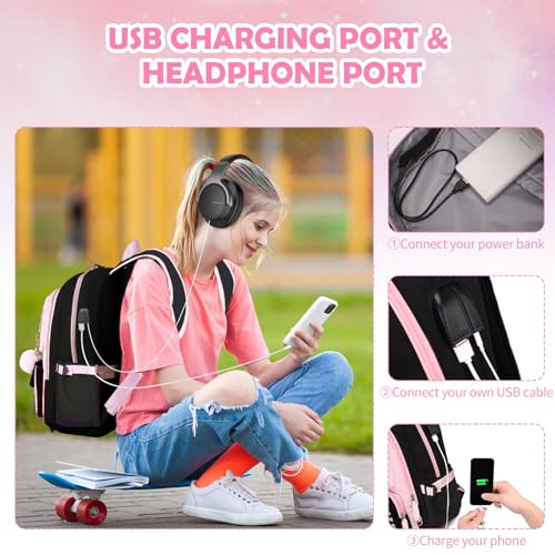 Backpacks for Girls, Girls Backpack with Lunch Box and Pencil Case for Teen Kids Elementary Middle High School College Student, Children Backpack Bookbag with USB Charging Port (Black Pink with Chain) - color: Black & Pink With Chain