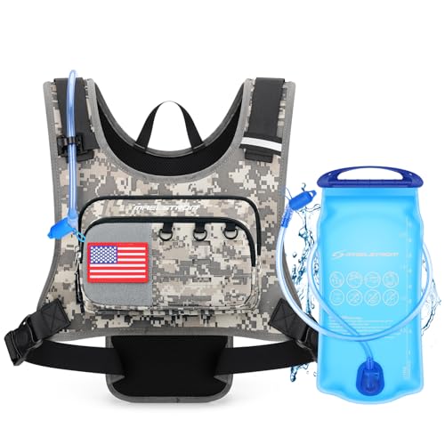 Maelstrom Hydration Vest with 2L Water Bladder Backpack for Running Hiking | Chest Pack, BPA-free, High Flow Bite, Reflective Stripe, Helmet Buckle, Detachable, Breathable Pad, for Cycling, Marathon - color: Camo