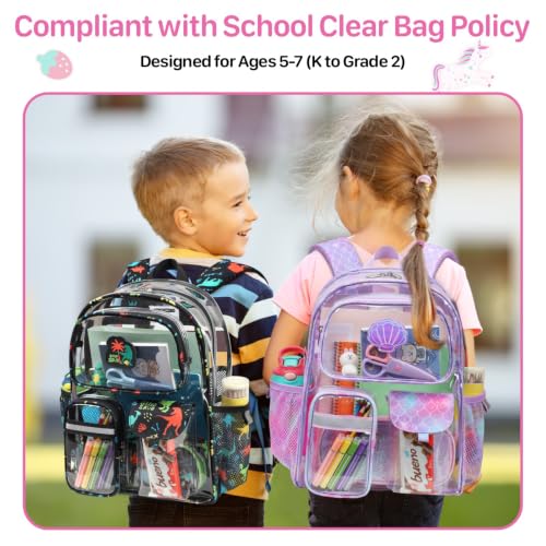 Bagseri Clear Backpack for Girls, 15 Inch Heavy Duty Kids Transparent Bookbag for School Kindergarten to 2nd Grade, Fits 12.5 Inch Folders, High Visibility Reflective Strips, Purple Mermaid - color: 1pcs, A-purple Mermaid, style: Backpack
