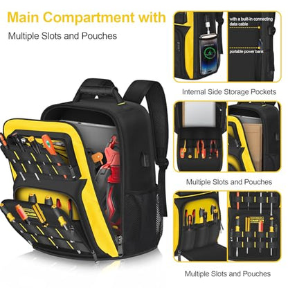 18Inch Electrician Tool Backpack with USB Port,Waterproof HVAC Tool Bag Backpack for Men,Heavy Duty Technician Backpack with 23 Pockets and S-shaped Shoulder Straps,Black & Yellow