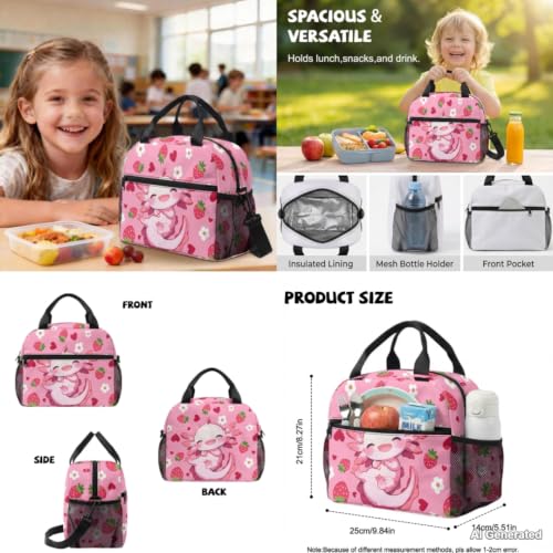 Strawberry Axolotl Backpack for Girls Kids Backpack with Lunch Box Pencil Case and Water Bottle Pouch 4PCS Set Cute Backpacks for Teen Girls Bookbag for Elementary Back to School Supplies - color: Axolotl Strawberry