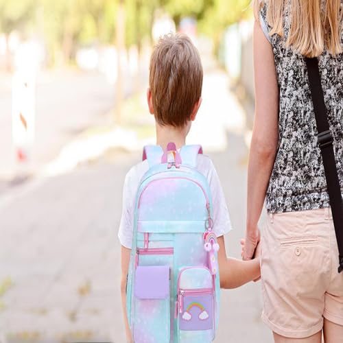 School Backpack for Girls Rainbow Kids Cute Backpack for Back to School Laptop Travel Bag With pencil Case (Blue Set) - color: Blue Set