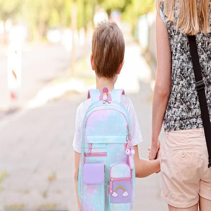 School Backpack for Girls Rainbow Kids Cute Backpack for Back to School Laptop Travel Bag With pencil Case (Blue Set) - color: Blue Set